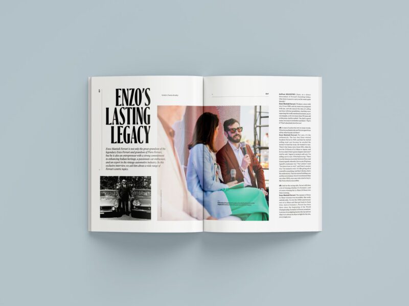 An open duPont REGISTRY magazine spread from June 2025 features an article titled "Enzo's Lasting Legacy," showcasing photos of a vintage car and two people engaged in conversation.