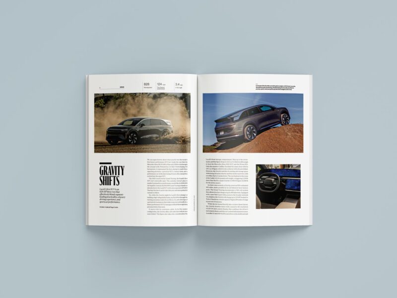 An open magazine from the June 2025 duPont REGISTRY displays an article about a dark SUV, featuring two photos of the vehicle outdoors and an interior dashboard image.
