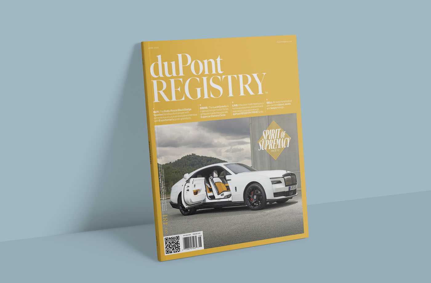 A yellow duPont REGISTRY magazine, June 2025 edition, with a white luxury car on the cover—doors open—set against a light blue background.