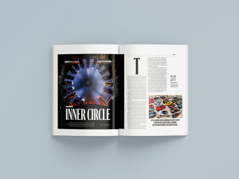 A duPont REGISTRY magazine spread from June 2025 features a circular arrangement of cars on the left page under the title "Inner Circle," while the right page showcases text and a small photo of striking cars.