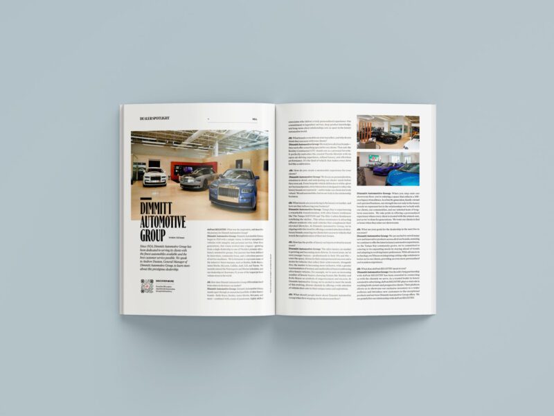 An open magazine on a light gray surface displays a June 2025 duPont REGISTRY article about Dimmitt Automotive Group, featuring images of cars and showroom interiors.