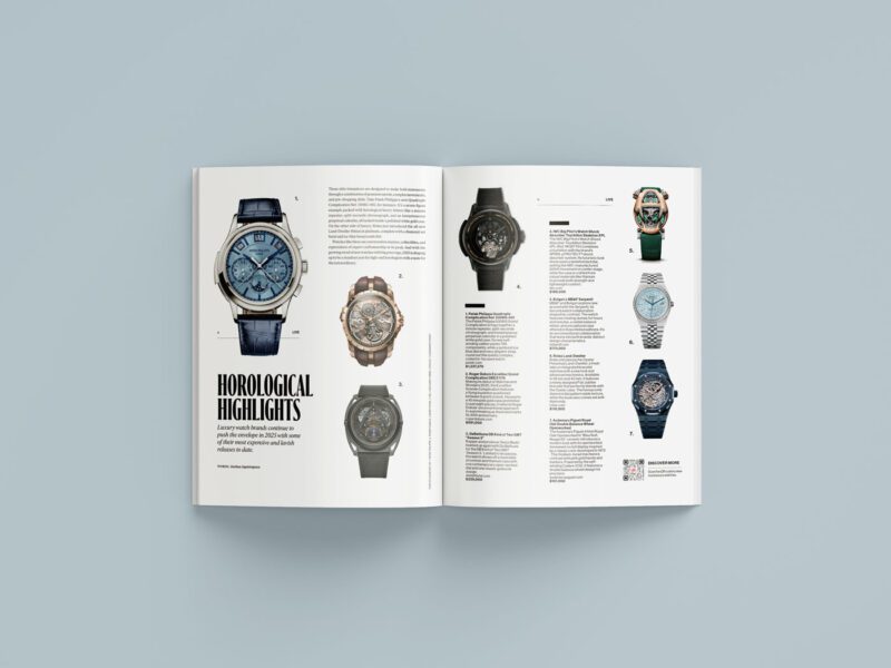 An open magazine, the June 2025 issue of duPont REGISTRY, displays a feature on luxury watches with images and descriptions of timepieces spread across both pages against a light blue background.