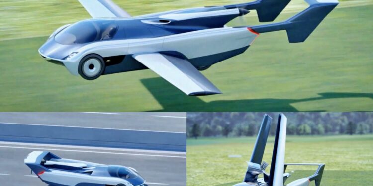 A futuristic flying car, the production prototype of Klein Vision AirCar, is shown in flight above grass, driving on a road with wings folded, and parked with its wings extended upward.