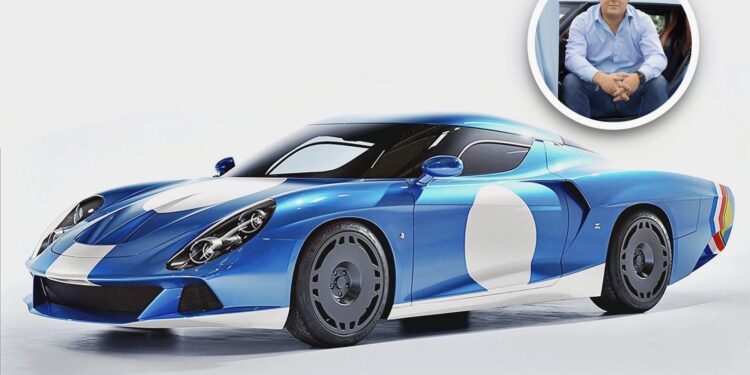 A blue Zagato AGTZ Twin-Tail #2 with white accents is shown on a white background; an inset circle shows Christian Von Koenigsegg sitting with his hands clasped, highlighting the latest addition to his car collection.