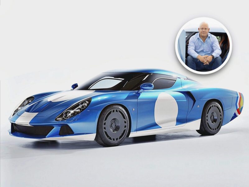 A blue Zagato AGTZ Twin-Tail #2 with white accents is shown on a white background; an inset circle shows Christian Von Koenigsegg sitting with his hands clasped, highlighting the latest addition to his car collection.