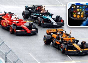 Three people drive colorful LEGO Drivable Life-Size F1 Cars on a track in Miami, waving to the crowd; an inset shows a close-up of a LEGO car dashboard with digital-style stickers.
