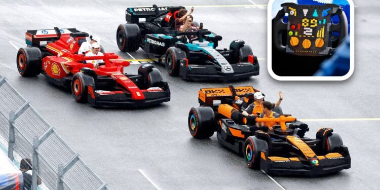 Three people drive colorful LEGO Drivable Life-Size F1 Cars on a track in Miami, waving to the crowd; an inset shows a close-up of a LEGO car dashboard with digital-style stickers.