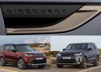 Three images of Land Rover Discovery SUVs: a close-up of the "DISCOVERY" badge, a red Discovery on a dirt road, and a gray Discovery on pavement, celebrating Land Rover Marks 35 Years Of Discovery With Gemini And Tempest Special Editions.