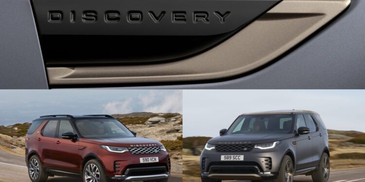 Three images of Land Rover Discovery SUVs: a close-up of the "DISCOVERY" badge, a red Discovery on a dirt road, and a gray Discovery on pavement, celebrating Land Rover Marks 35 Years Of Discovery With Gemini And Tempest Special Editions.