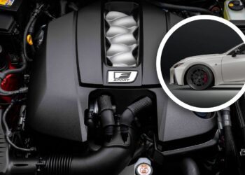 Close-up of a Lexus F Sport engine, with an inset image showing the front wheel and side view of a white Lexus sports car—showcasing the Ultimate Edition: Last-Surviving V8 Compact Luxury Sedan updated for 2025.