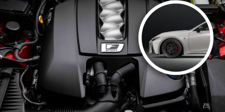 Close-up of a Lexus F Sport engine, with an inset image showing the front wheel and side view of a white Lexus sports car—showcasing the Ultimate Edition: Last-Surviving V8 Compact Luxury Sedan updated for 2025.