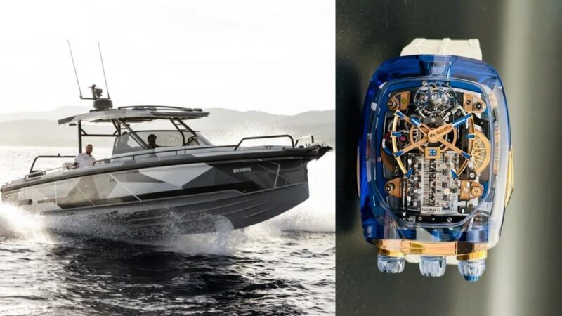 A modern speedboat glides on water beside a close-up of a detailed, mechanical wristwatch with a transparent blue case—capturing the innovative spirit of 20 Years of Top Marques Monaco: Highlights and Must-See Exhibits.