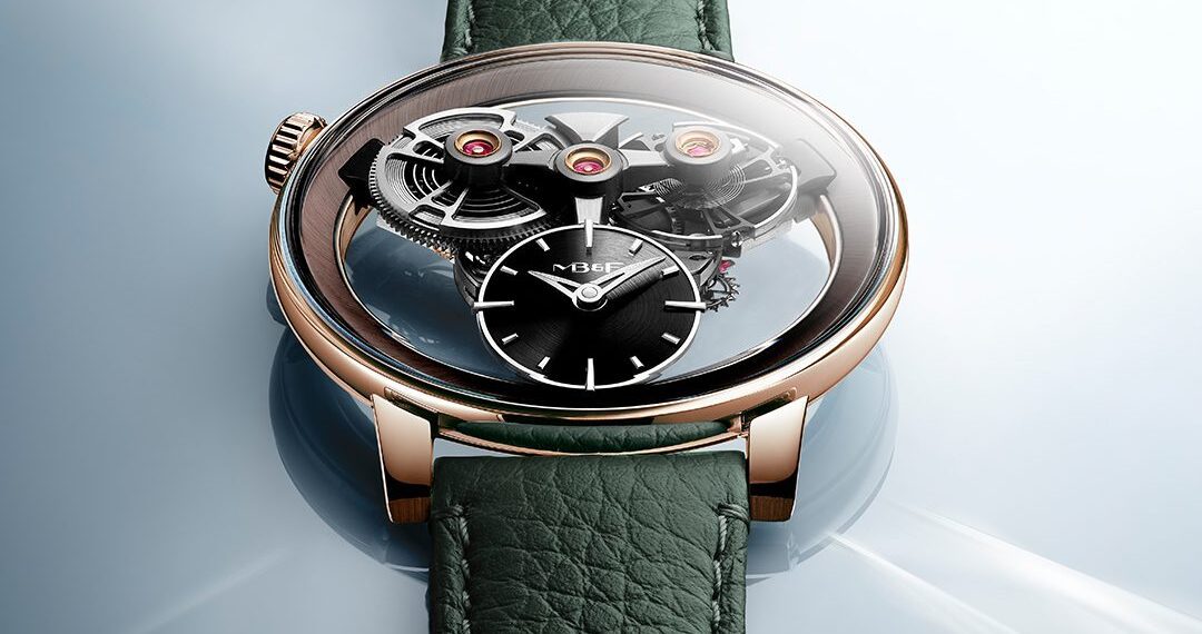 A luxury SP One Watch from the Special Projects Collection, featuring a green leather strap, rose gold case, and exposed mechanical gears displayed on a light blue reflective surface.