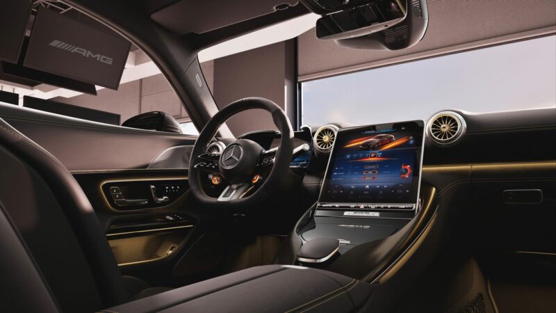 Interior of a modern Mercedes-Benz car, featuring a digital dashboard, touchscreen display, limited-run AMG branding, and leather seats— reminiscent of the style seen in the Brad Pitt F1 film’s Mercedes-AMG GT 63, photographed from the driver’s side.
