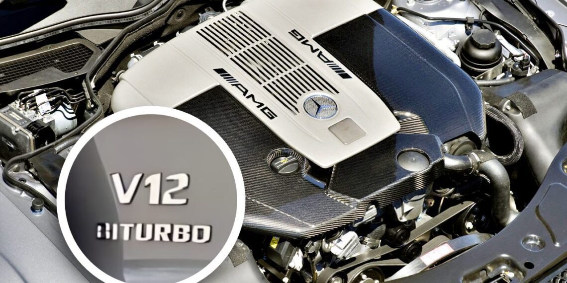 Close-up view of a Mercedes-AMG engine bay, highlighting the V12 Biturbo engine badge—inset emphasizes that this is The Only Mercedes-AMG Black Series To Feature A V12.