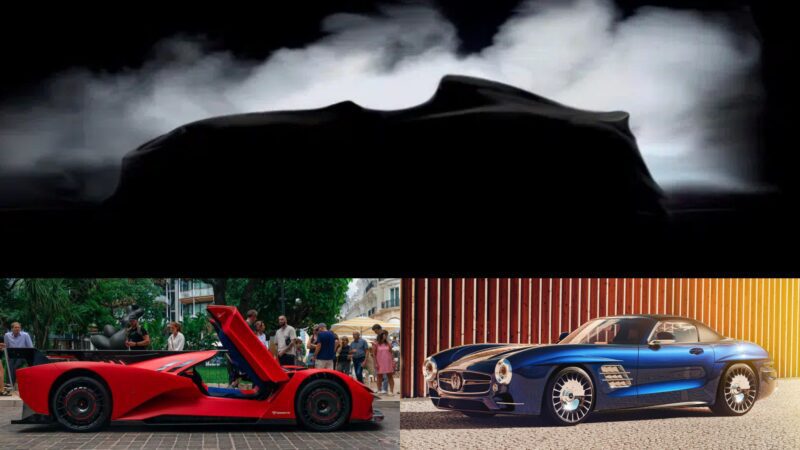 A collage celebrates 20 Years of Top Marques Monaco: Highlights and Must-See Exhibits, featuring a car under cover with smoke above, a red race car with its door open left below, and a blue vintage-style sports car right below.