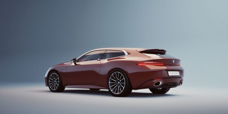 A sleek, red BMW Speedtop sports wagon with tinted windows and modern alloy wheels is shown against a plain, light gradient background.