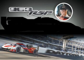 A silhouette of a race car with “969 RSP” text, a portrait of an elderly man in a cap—possibly Roger Penske—and a Porsche 963 RSP speeding on a track labeled "Daytona," capture the thrill of the Billionaire Race Team.