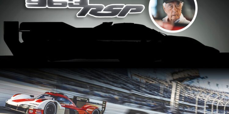 A silhouette of a race car with “969 RSP” text, a portrait of an elderly man in a cap—possibly Roger Penske—and a Porsche 963 RSP speeding on a track labeled "Daytona," capture the thrill of the Billionaire Race Team.