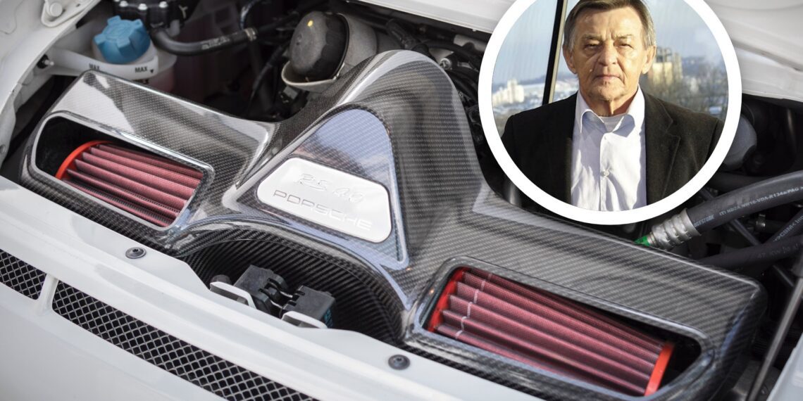 Close-up of the last production Porsche with a Mezger flat-six engine, the GT3 RS 4.0, featuring carbon fiber components; inset shows a man in a suit standing outdoors.