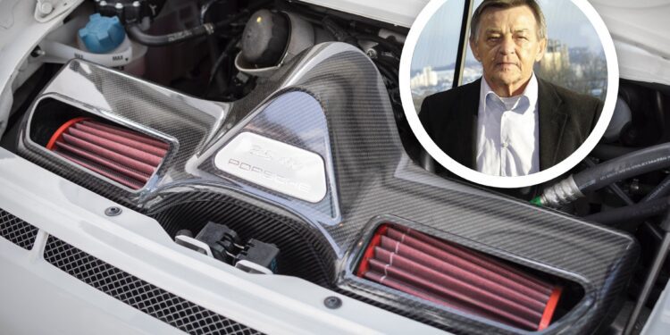 Close-up of the last production Porsche with a Mezger flat-six engine, the GT3 RS 4.0, featuring carbon fiber components; inset shows a man in a suit standing outdoors.