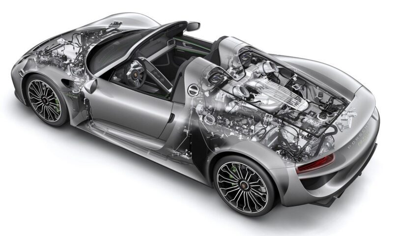 A silver convertible sports car shown with a semi-transparent body, revealing the detailed internal engine and mechanical components—perfect for a Comparison: Porsche Carrera GT Vs Porsche 918 Spyder showcase.