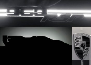 A backlit "963 RSR" badge, a side silhouette of a race car, and a Porsche crest are featured in this collage teasing the exclusive 1-of-1 Street-Legal Porsche 963 RSP Hypercar.