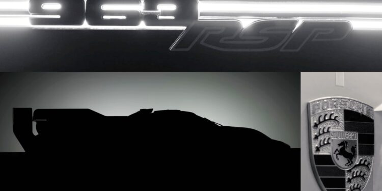 A backlit "963 RSR" badge, a side silhouette of a race car, and a Porsche crest are featured in this collage teasing the exclusive 1-of-1 Street-Legal Porsche 963 RSP Hypercar.