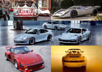 A collage of various Porsche sports cars from different eras, displayed in outdoor and indoor settings, highlighting Porsche Masterpieces: The Sonderwunsch & Exclusive Manufaktur Legacy through diverse models and designs.