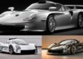 Three high-performance exotic cars are shown: a silver 918 Spyder in the upper image, a white coupe in the lower left, and a black coupe in the lower right, each photographed in studio settings.