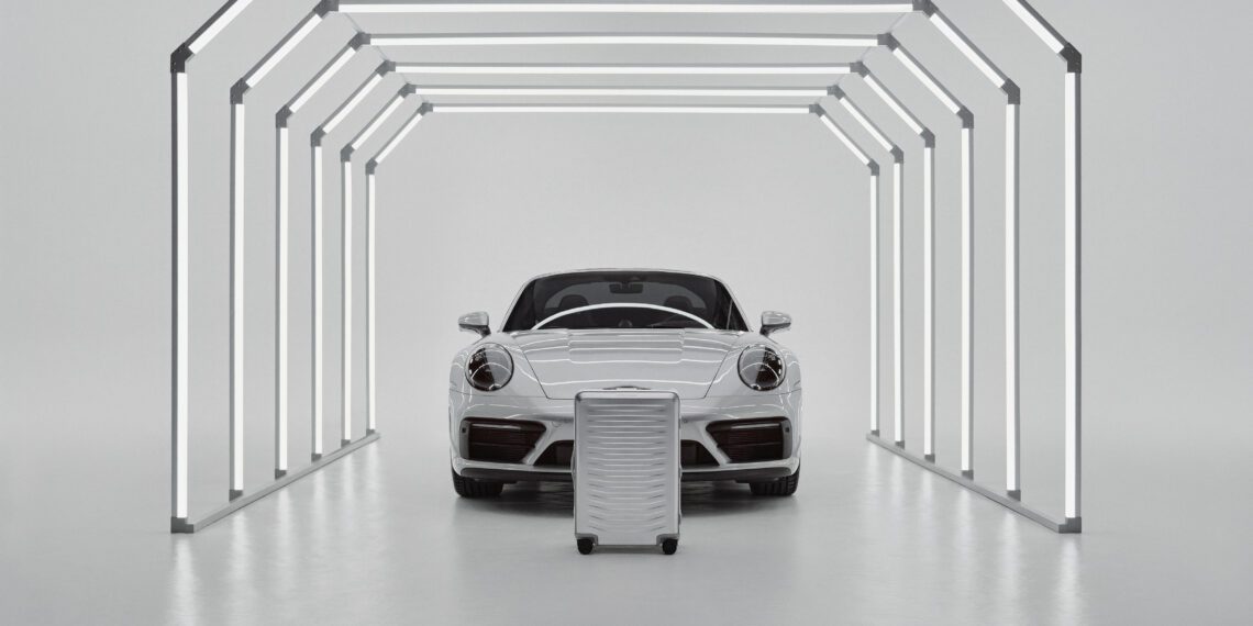 A white sports car is parked inside a minimalistic light tunnel, with a Porsche Design Roadster Aluminum Luggage suitcase in matching white positioned in front—an exquisite scene that inspires you to buy your next travel essential.