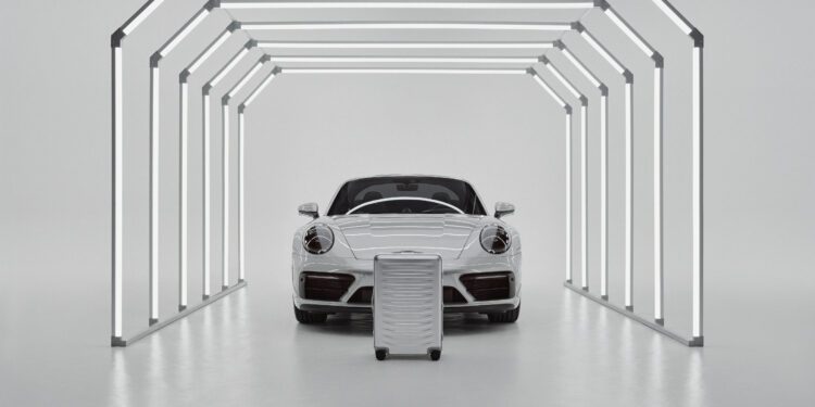 A white sports car is parked inside a minimalistic light tunnel, with a Porsche Design Roadster Aluminum Luggage suitcase in matching white positioned in front—an exquisite scene that inspires you to buy your next travel essential.