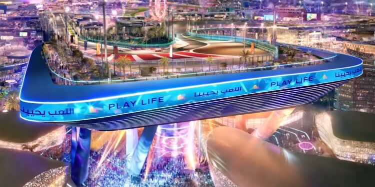 A large elevated race track labeled "PLAY LIFE" overlooks a brightly lit cityscape, with crowds gathered below and colorful lights illuminating the area—this upcoming F1 track’s opening corner is 20 storeys up in the sky.