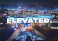A futuristic cityscape at night features a large, illuminated elevated structure—its design inspired by This Upcoming F1 Track’s Opening Corner Is 20 Storeys Up In The Sky—with "ELEVATED." in bold text and the Qiddiya logo in the top left corner.