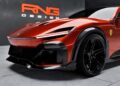 A sleek red sports car with black accents and a Ferrari logo, featuring RNG Design's limited-run body kit for a bespoke makeover, is parked indoors near a wall with the "RNG DESIGN" logo.