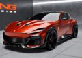 A red sports car with black accents, featuring RNG Design's limited-run body kit for a bespoke makeover, is parked in a modern gray showroom next to a wall with an "RNG Design" logo.