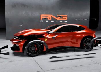 A red Ferrari Purosangue sports car features body panels floating apart, showcasing RNG Design’s Limited-Run Body Kit for a bespoke makeover in a modern studio with “RNG DESIGN” on the wall behind it.