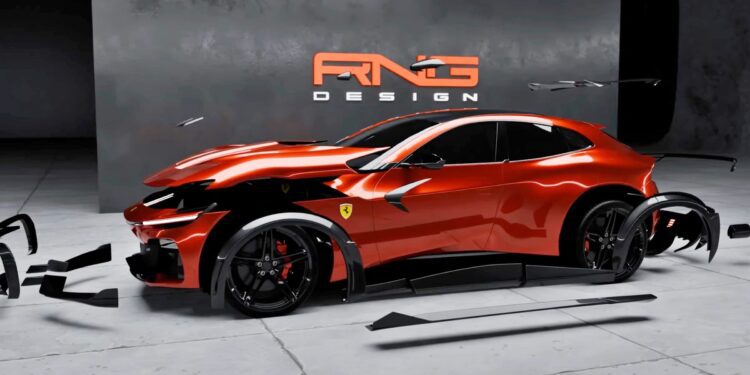 A red Ferrari Purosangue sports car features body panels floating apart, showcasing RNG Design’s Limited-Run Body Kit for a bespoke makeover in a modern studio with “RNG DESIGN” on the wall behind it.