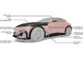 Side view of the Ferrari Purosangue Takes On A New Avatar, with labels highlighting parts made from carbon or glass black—including hood, mirror covers, door covers, bumper trim, and side skirts.