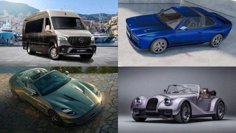 A collage of four vehicles—a black van, blue coupe, green convertible, and gray vintage-style roadster—captures the spirit of 20 Years of Top Marques Monaco: Highlights and Must-See Exhibits in unique outdoor settings.