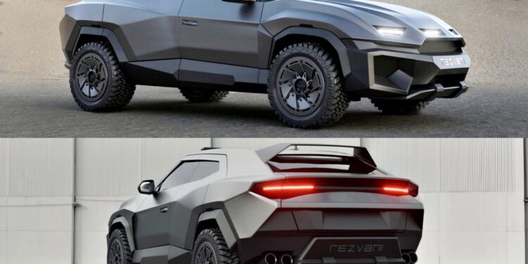 A matte gray Rezvani SUV, inspired by the apocolypse-ready spirit of the Lamborghini Urus, is shown from two angles: front side parked in a desert and rear side parked indoors.
