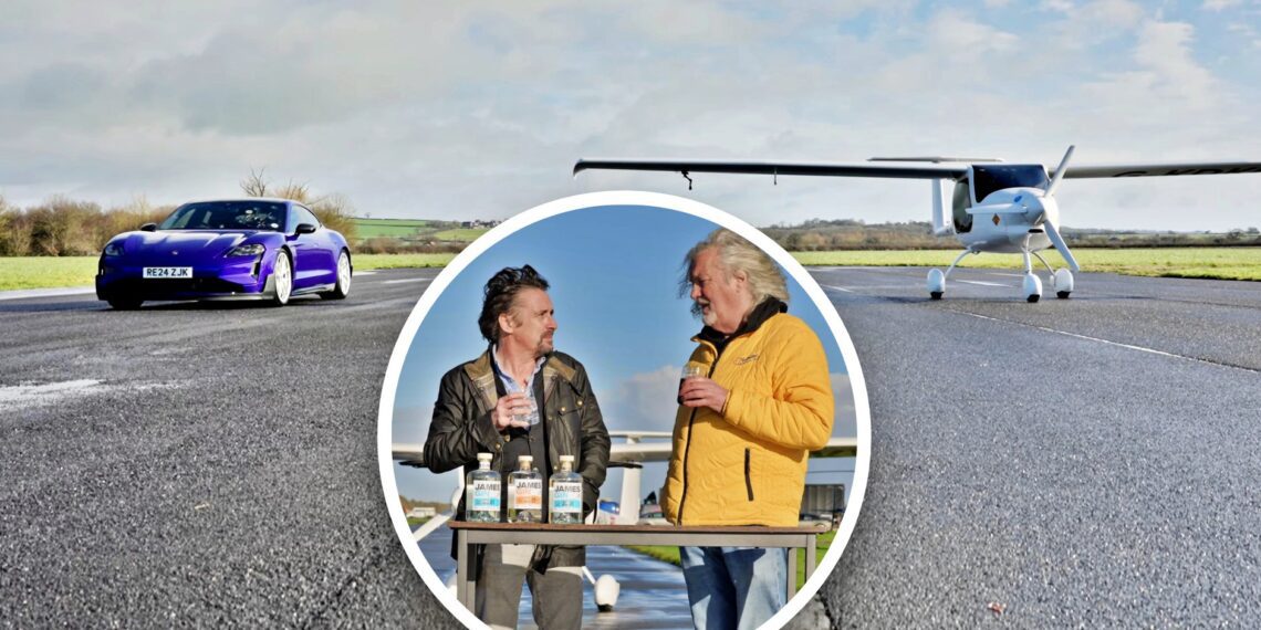 A purple sports car and a small plane are parked on a runway. Inset: Top Gear hosts Richard Hammond and James May stand at a table with bottles, talking and holding drinks.