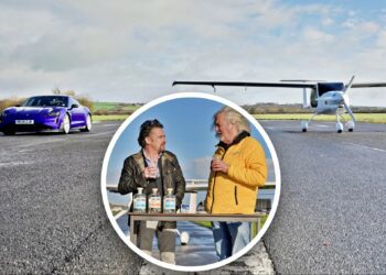 A purple sports car and a small plane are parked on a runway. Inset: Top Gear hosts Richard Hammond and James May stand at a table with bottles, talking and holding drinks.