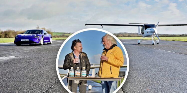 A purple sports car and a small plane are parked on a runway. Inset: Top Gear hosts Richard Hammond and James May stand at a table with bottles, talking and holding drinks.