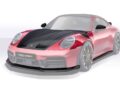 A red 992.2 Carrera sports car with a black carbon fiber hood and front splitter, wide fenders, and TECHART branding on the license plate showcases striking design and performance upgrades.