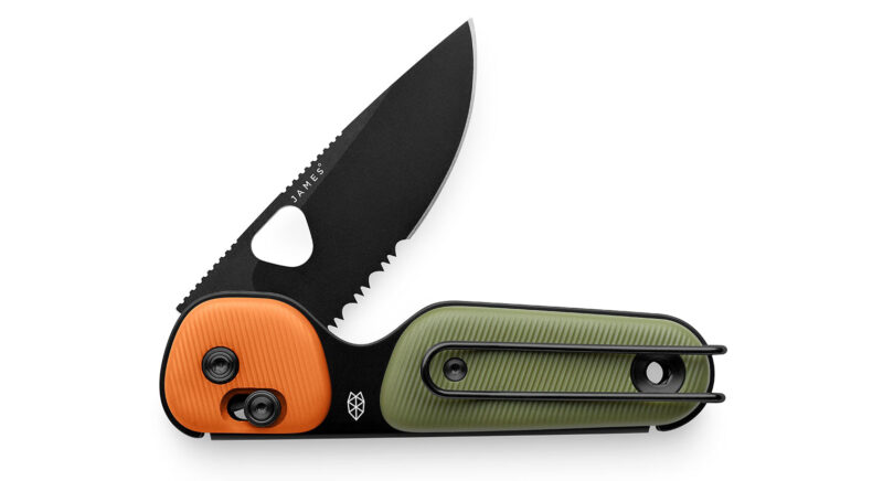 Essential gear for any outdoor adventure, this folding pocket knife features a partially serrated black blade, orange and green handle scales, and a black metal pocket clip.