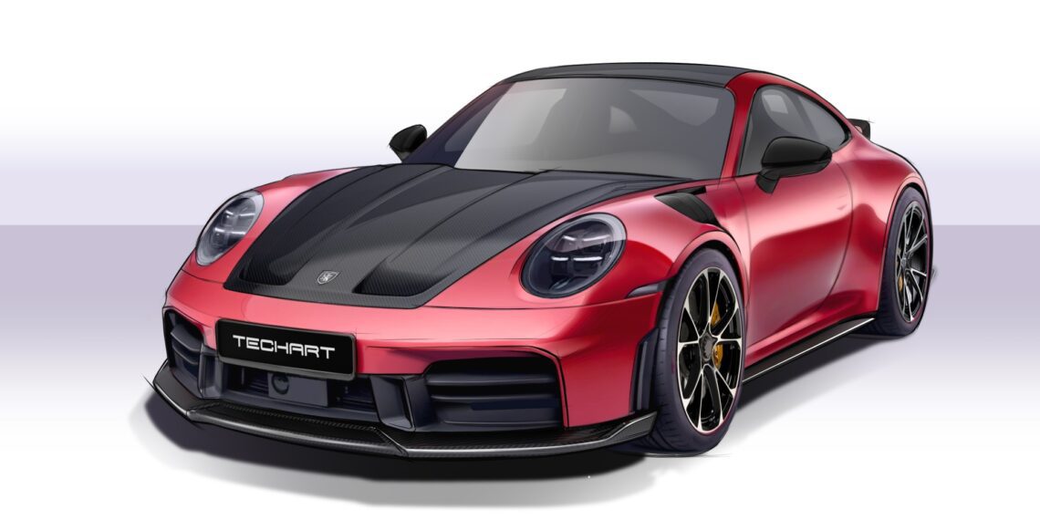A red 992.2 Carrera with a black carbon fiber hood, wide tires, and TECHART branding, boasting performance upgrades, displayed on a white and gray background.
