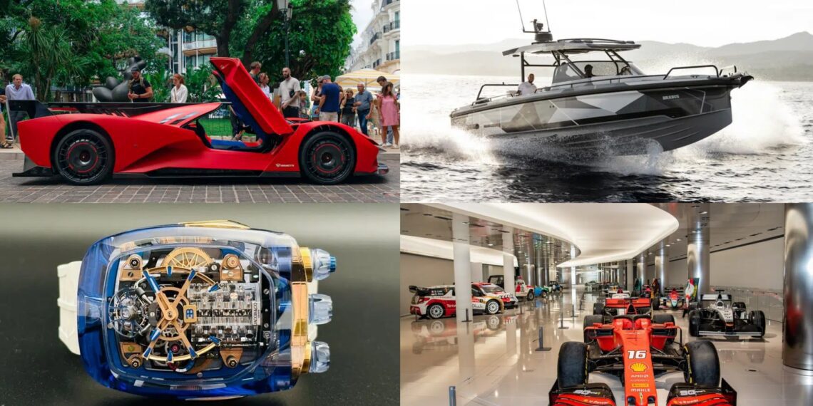 A four-image collage captures 20 Years of Top Marques Monaco: Highlights and Must-See Exhibits, featuring a red sports car, luxury speedboat on water, transparent watch mechanism, and a showroom display of racing cars.