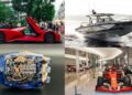 A four-image collage captures 20 Years of Top Marques Monaco: Highlights and Must-See Exhibits, featuring a red sports car, luxury speedboat on water, transparent watch mechanism, and a showroom display of racing cars.