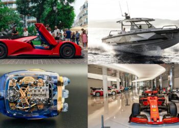 A four-image collage captures 20 Years of Top Marques Monaco: Highlights and Must-See Exhibits, featuring a red sports car, luxury speedboat on water, transparent watch mechanism, and a showroom display of racing cars.